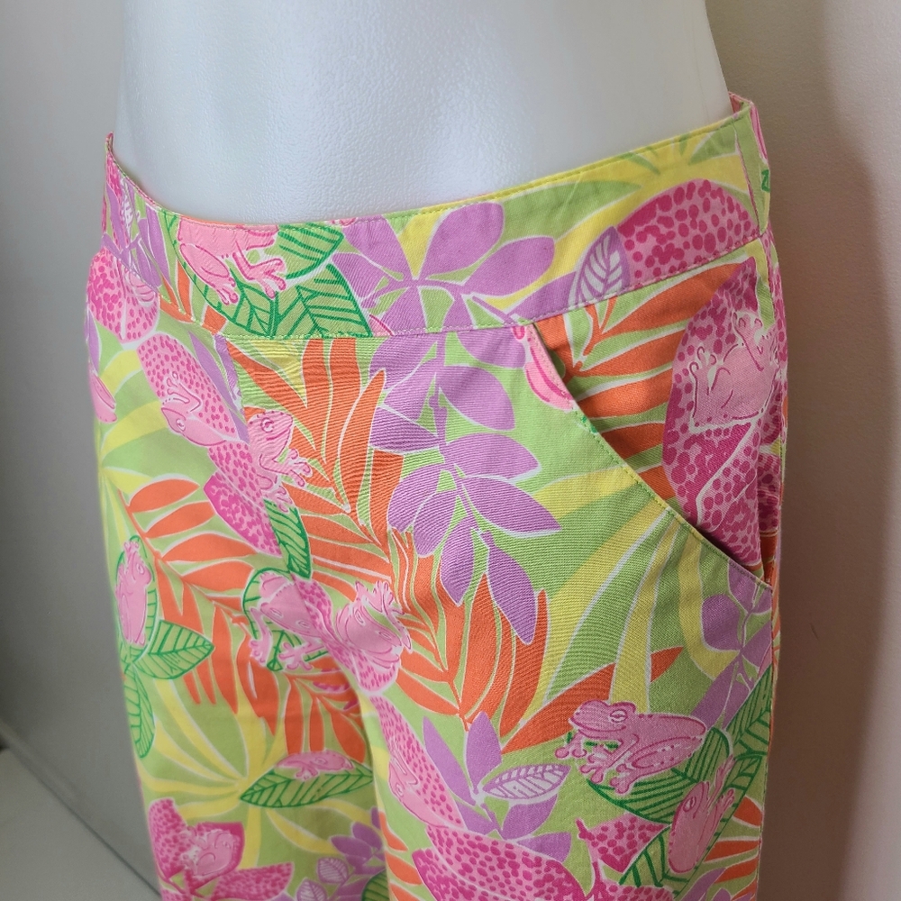 Lilly Pulitzer Vintage Pink Orange Green Tropical Frog Print Wide Leg Pants 4 - Picture 3 of 11